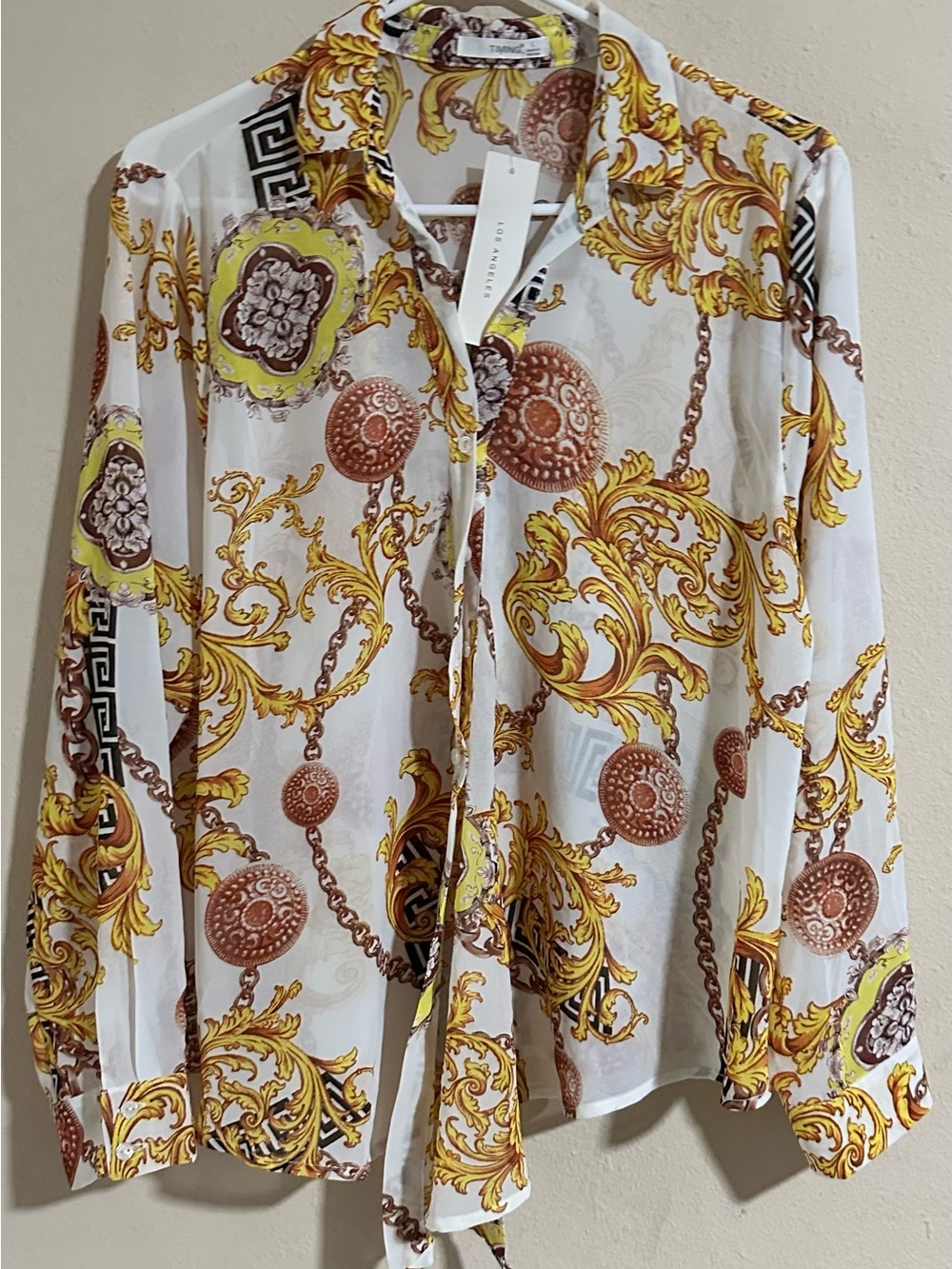 Timing White Button-Down Blouse with Gold & Brown Baroque Print
